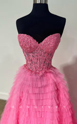 L2496 - Sexy Tulle A-Line Sweetheart Strapless Illusion Empire Appliques With Side Slit Party Prom Evening Dress