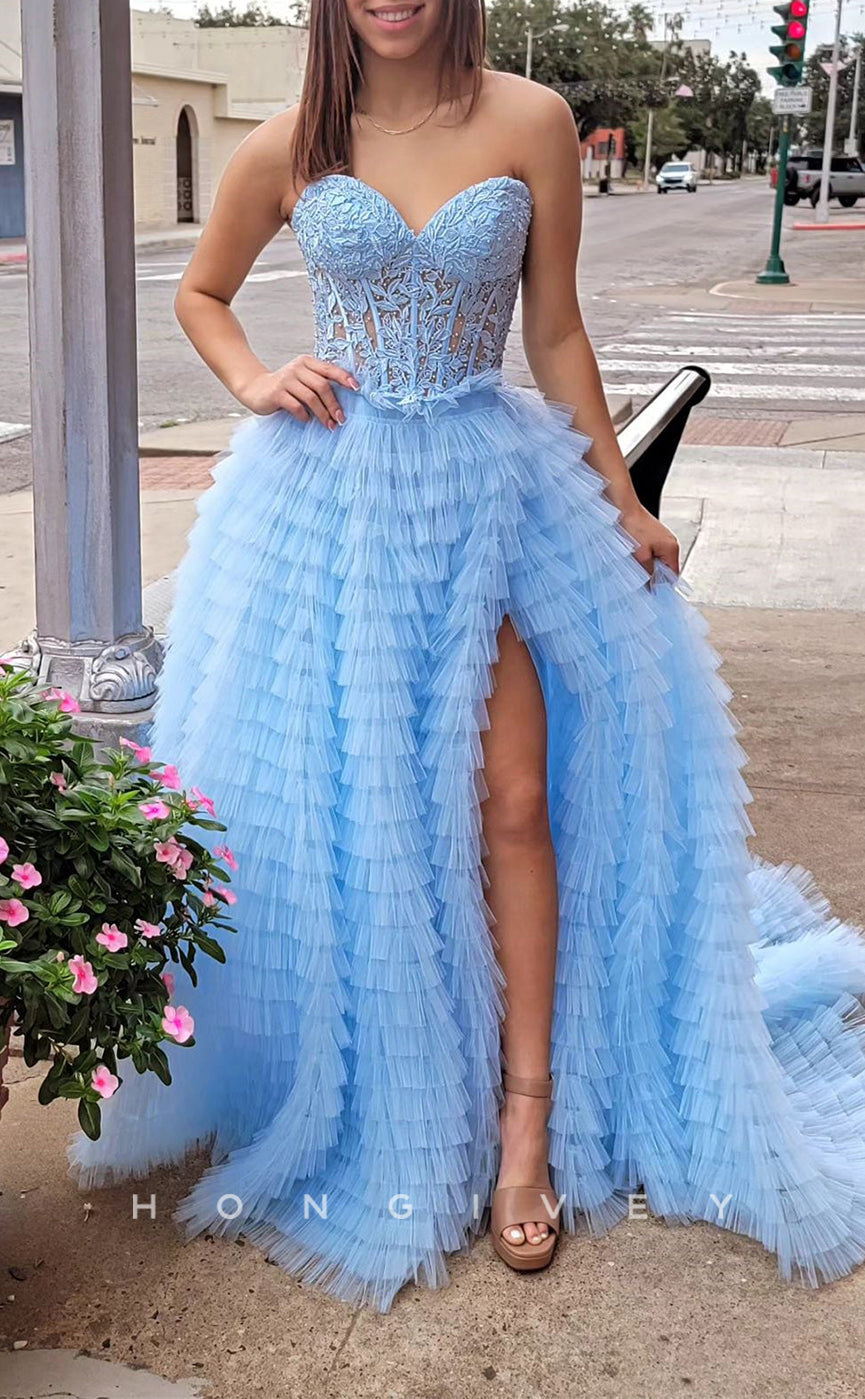 L2496 - Sexy Tulle A-Line Sweetheart Strapless Illusion Empire Appliques With Side Slit Party Prom Evening Dress