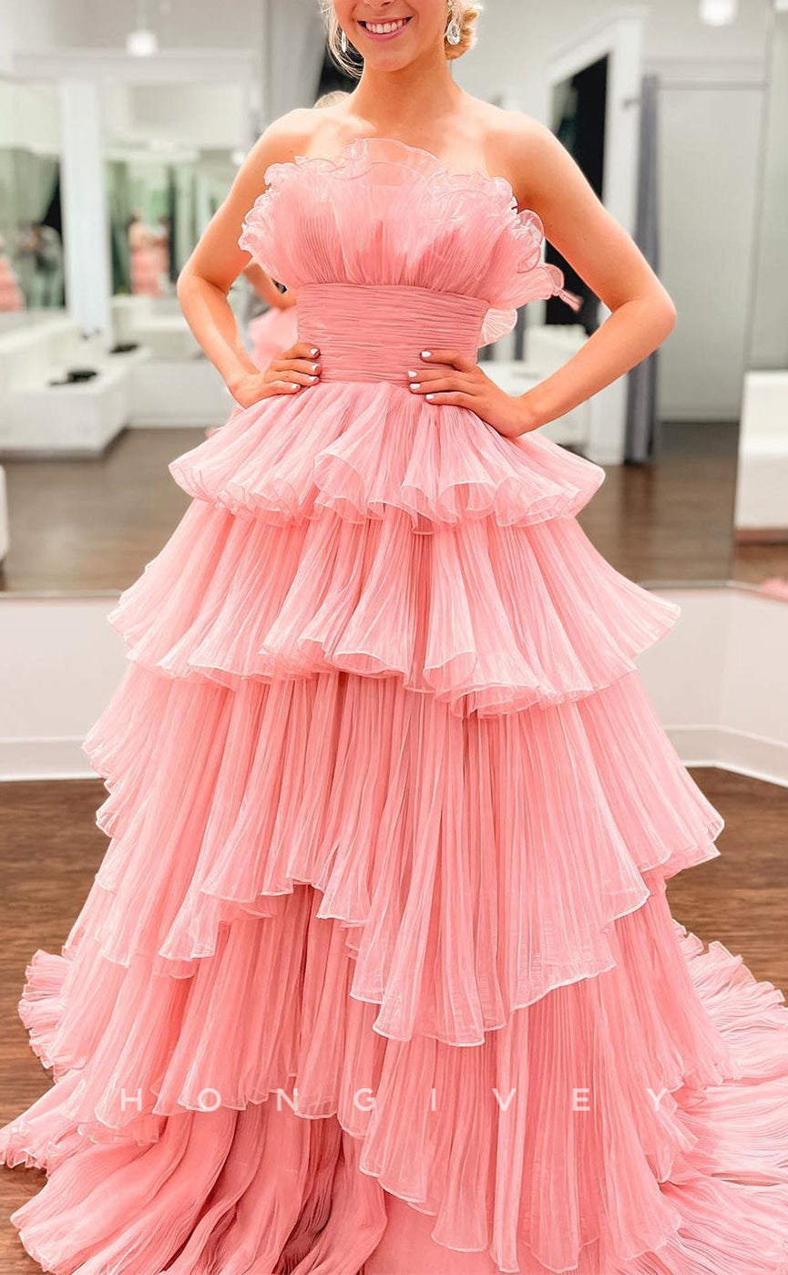L2497 - Sexy Tulle A-Line Strapless Sleeveless Empire Tiered With Train Party Prom Evening Dress