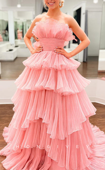 L2497 - Sexy Tulle A-Line Strapless Sleeveless Empire Tiered With Train Party Prom Evening Dress