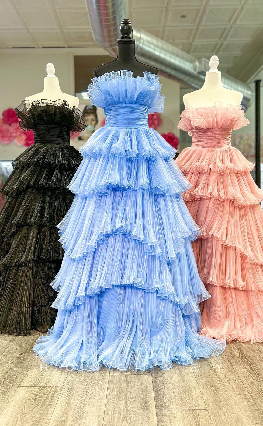 L2497 - Sexy Tulle A-Line Strapless Sleeveless Empire Tiered With Train Party Prom Evening Dress