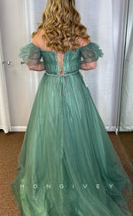 L2499 - Sexy Tulle A-Line Off-Shoulder Empire Beaded Belt With Train Party Prom Evening Dress