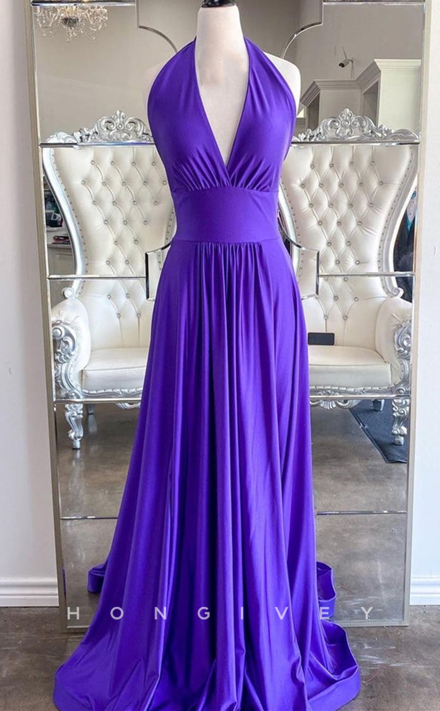 L2500 - Sexy Satin A-Line V-Neck Halter Empire Ruched With Train Party Prom Evening Dress