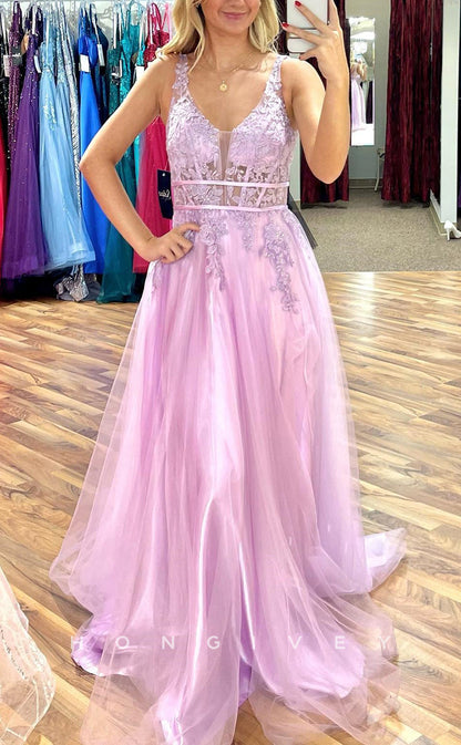 L2503 - Sexy Tulle A-Line V-Neck Straps Illusion Empire Appliques With Train Party Prom Evening Dress