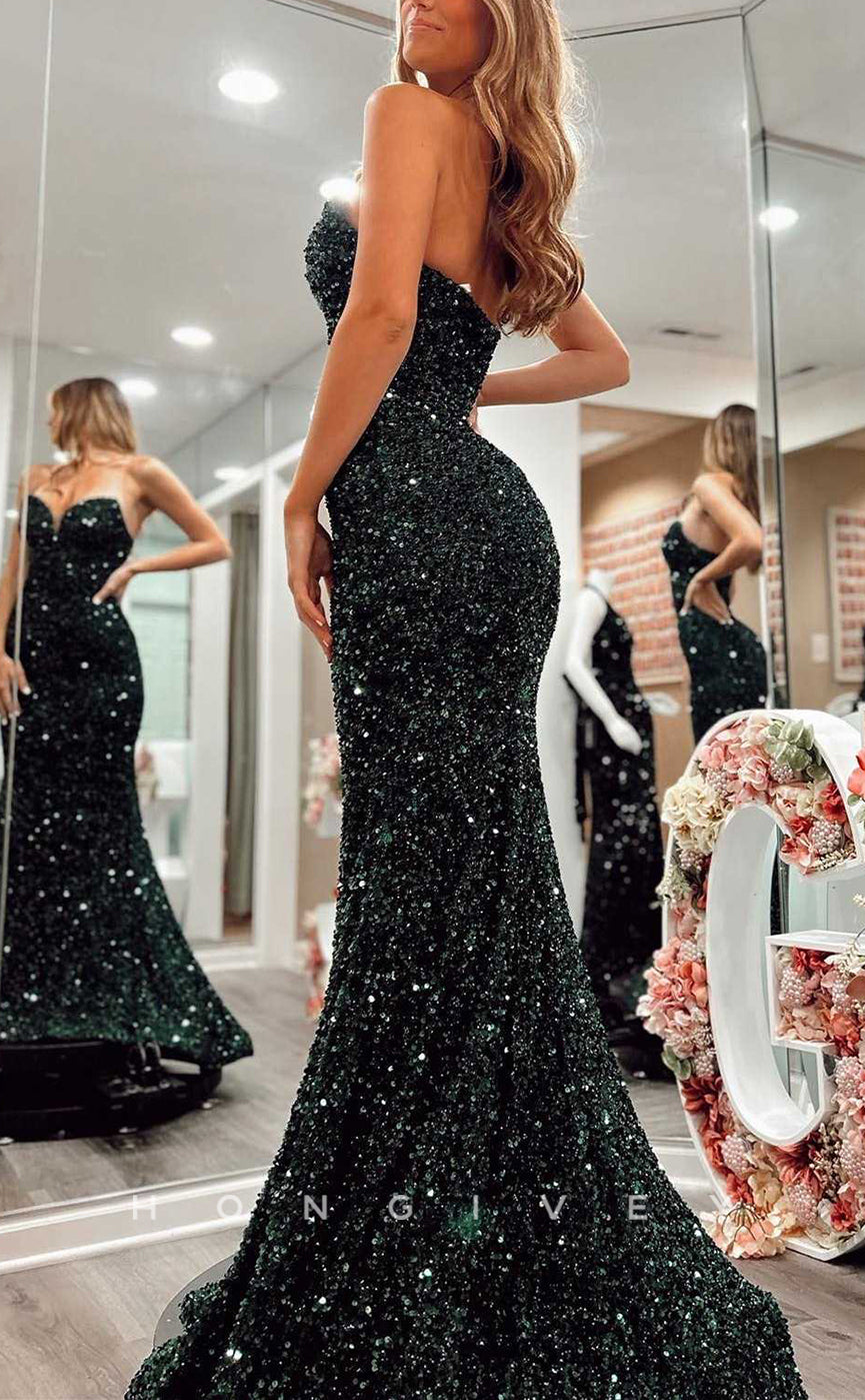 L2504 - Sexy Glitter Trumpet Sweetheart Strapless Empire Fully Sequined Party Prom Evening Dress
