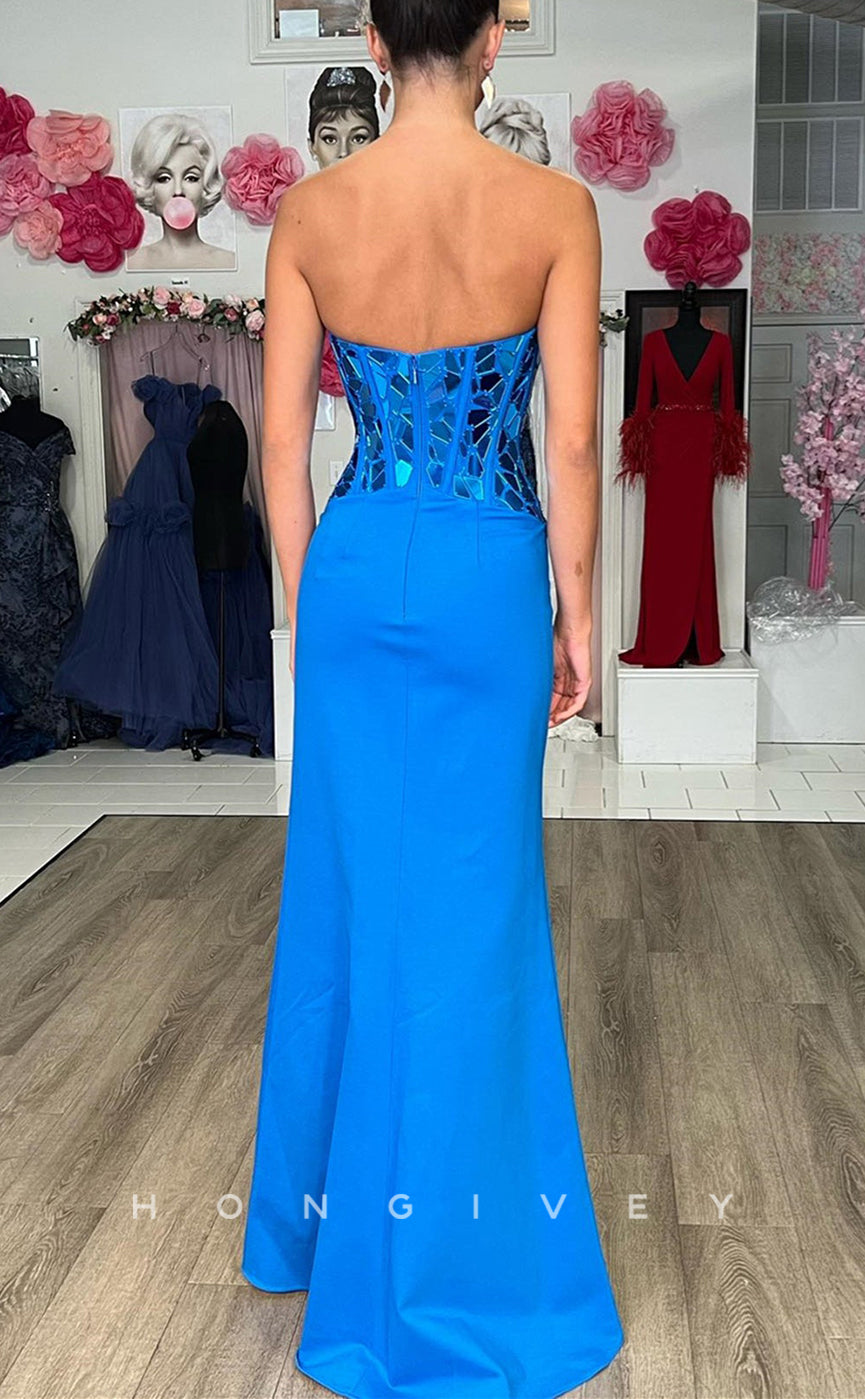 L2505 - Sexy Satin Fitted Sweetheart Strapless Empire Glitter With Side Slit Party Prom Evening Dress