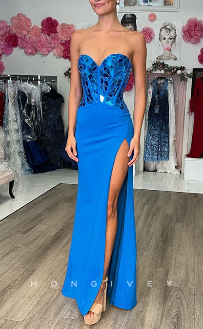 L2505 - Sexy Satin Fitted Sweetheart Strapless Empire Glitter With Side Slit Party Prom Evening Dress