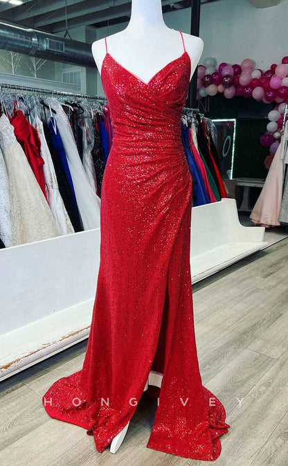 L2508 - Sexy Red Fitted V-Neck Spaghetti Straps Empire Draped Fully Sequined With Side Slit Party Prom Evening Dress