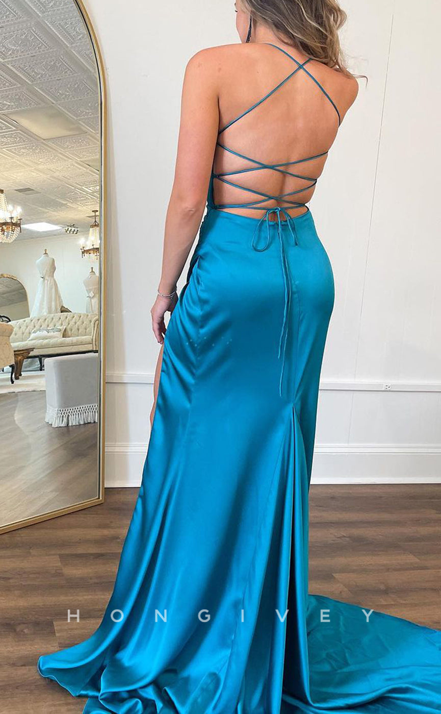 L2509 - Sexy Satin A-Line V-Neck Crisscross Empire Ruched With Side Slit Train Party Prom Evening Dress