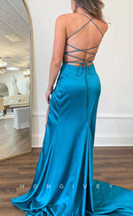 L2509 - Sexy Satin A-Line V-Neck Crisscross Empire Ruched With Side Slit Train Party Prom Evening Dress