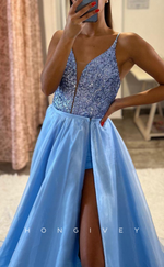 L2513 - Sexy Two Tone A-Line V-Neck Spaghetti Straps Empire Glitter With High Slit Party Prom Evening Dress