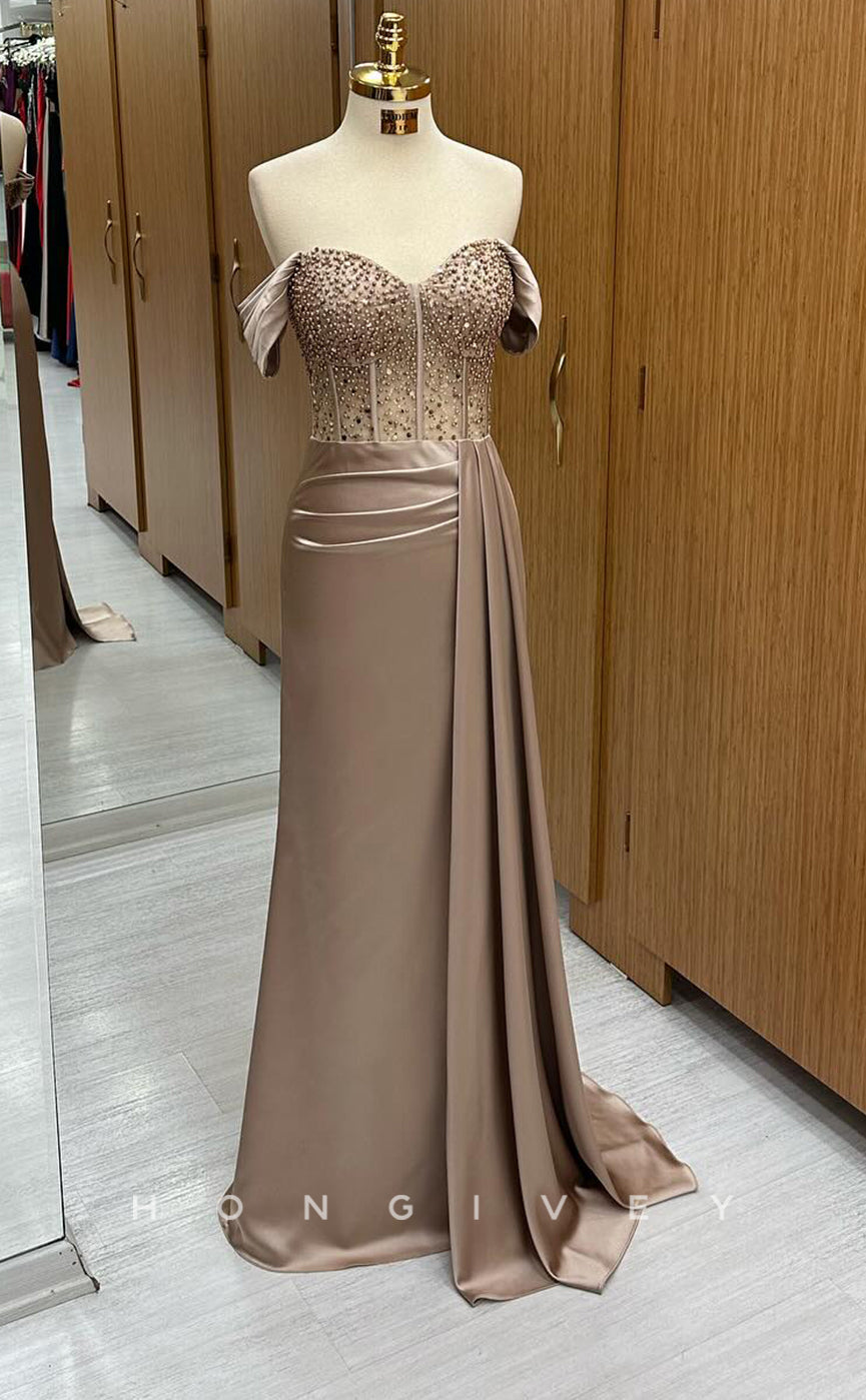L2514 - Sexy Satin Trumpet Sweetheart Off-Shoulder Empire Beaded Pleats Party Prom Evening Dress