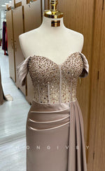 L2514 - Sexy Satin Trumpet Sweetheart Off-Shoulder Empire Beaded Pleats Party Prom Evening Dress