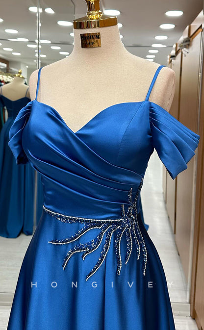 L2515 - Sexy Satin A-Line Spaghetti Straps Off-Shoulder Empire Ruched Beaded Appliques Party Prom Evening Dress