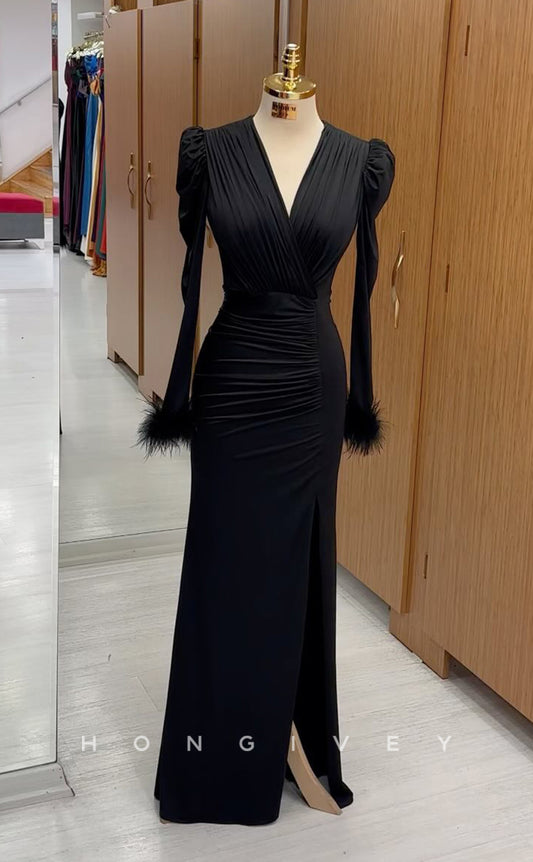 L2516 - Sexy Satin Fitted V-Neck Long Sleeve Empire Ruched Feathers With Side Slit Party Prom Evening Dress