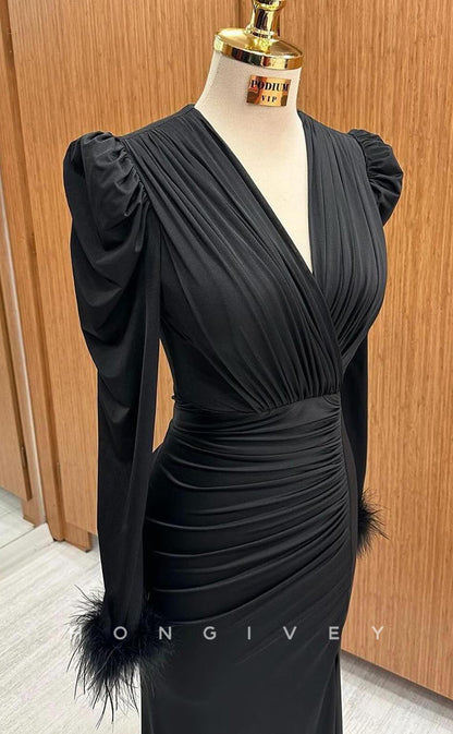L2516 - Sexy Satin Fitted V-Neck Long Sleeve Empire Ruched Feathers With Side Slit Party Prom Evening Dress