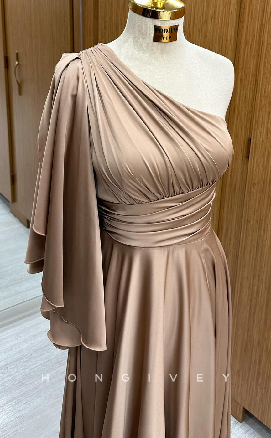 L2517 - Sexy A-Line One Shoulder Empire Ruched Satin Floor-Length Party Prom Evening Dress