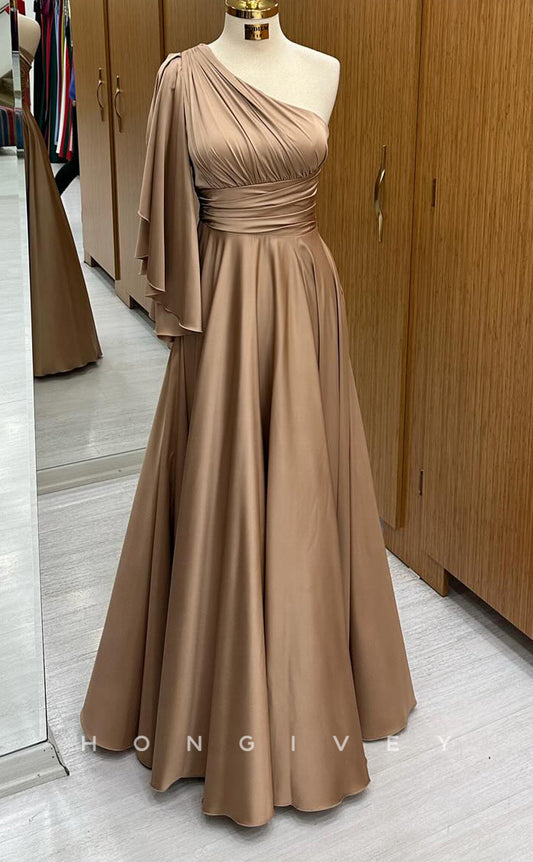 L2517 - Sexy A-Line One Shoulder Empire Ruched Satin Floor-Length Party Prom Evening Dress