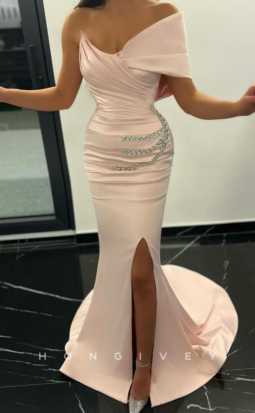 L2518 - Sexy Satin Trumpet One Shoulder Empire Beaded Pleats With Side Slit Party Prom Evening Dress