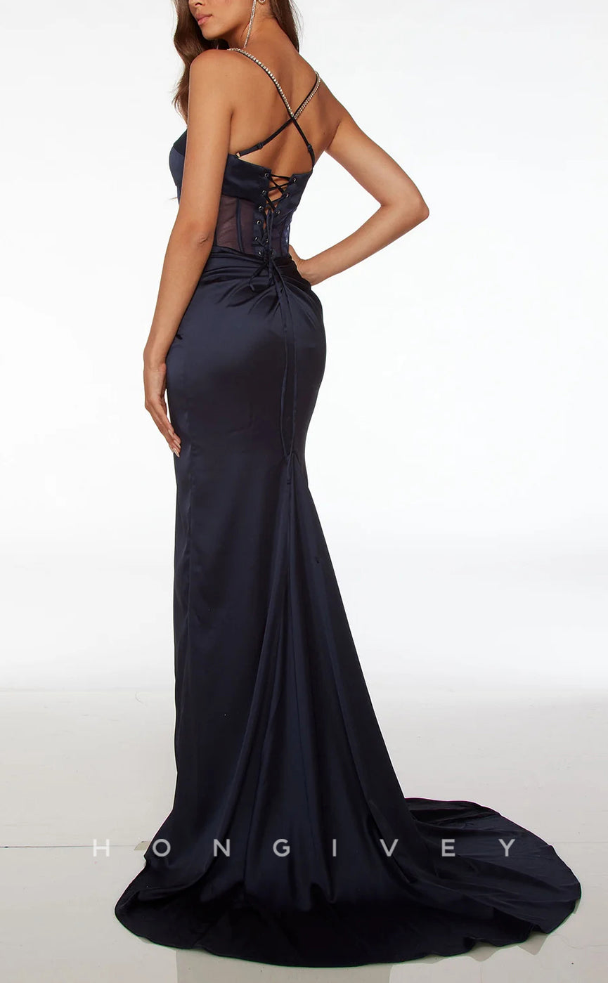 L2524 - Chic Satin A-Line Square Spaghetti Straps Illusion Empire Ruched Beaded With Side Slit Party Prom Evening Dress