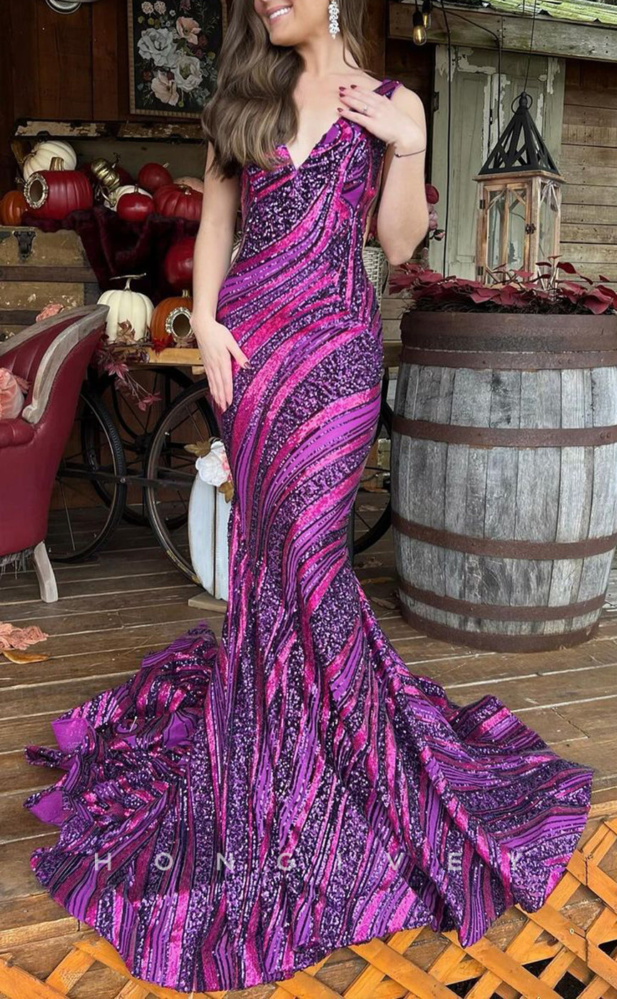 L2525 - Sexy Glitter V-Neck Straps Empire Sequined Appliques With Train Party Prom Evening Dress