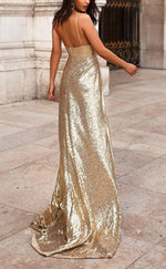 L2534 - V-Neck Spaghetti Straps Empire With High Slit Glitter Sequined Sexy Party Prom Evening Dress