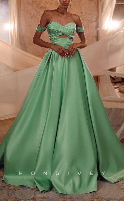 L2538 - A-Line Satin Sweetheart Off-Shoulder Empire Ruched Casual Party Prom Evening Dress