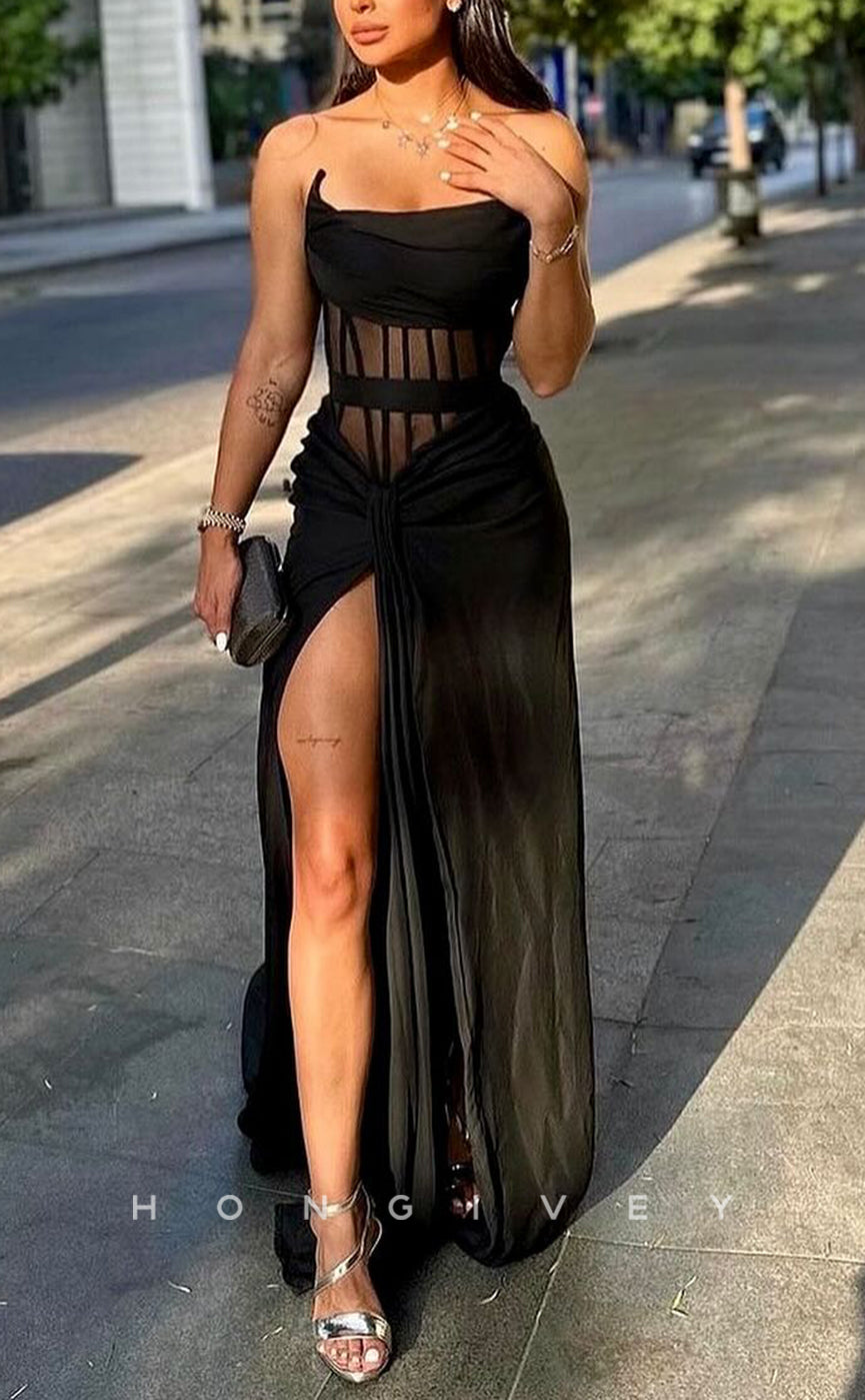 L2539 - Black Satin A-Line Bateau Strapless Illusion Empire Ruched With Side Slit Party Prom Evening Dress