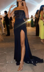 L2541 - Satin Fitted Strapless Empire Beaded With Side Slit Train Sexy Party Prom Evening Dress