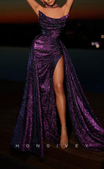 L2548 - Chic Glitter Satin A-Line Bateau Strapless Empire Ruched With Side Slit Train Party Prom Evening Dress