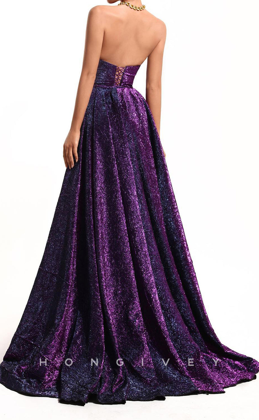 L2548 - Chic Glitter Satin A-Line Bateau Strapless Empire Ruched With Side Slit Train Party Prom Evening Dress