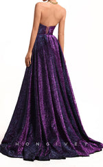 L2548 - Chic Glitter Satin A-Line Bateau Strapless Empire Ruched With Side Slit Train Party Prom Evening Dress