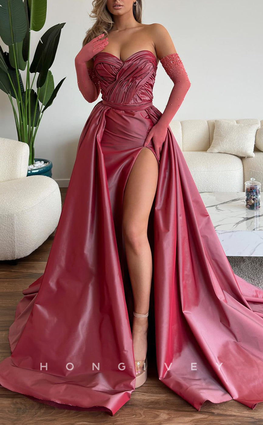 L2549 - Modern Satin A-Line Sweetheart Strapless Empire Ruched With Side Slit Train Party Prom Evening Dress