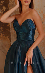 L2550 - Sexy Satin A-Line Sweetheart Sleeveless Empire Ruched With Side Slit Train Party Prom Evening Dress