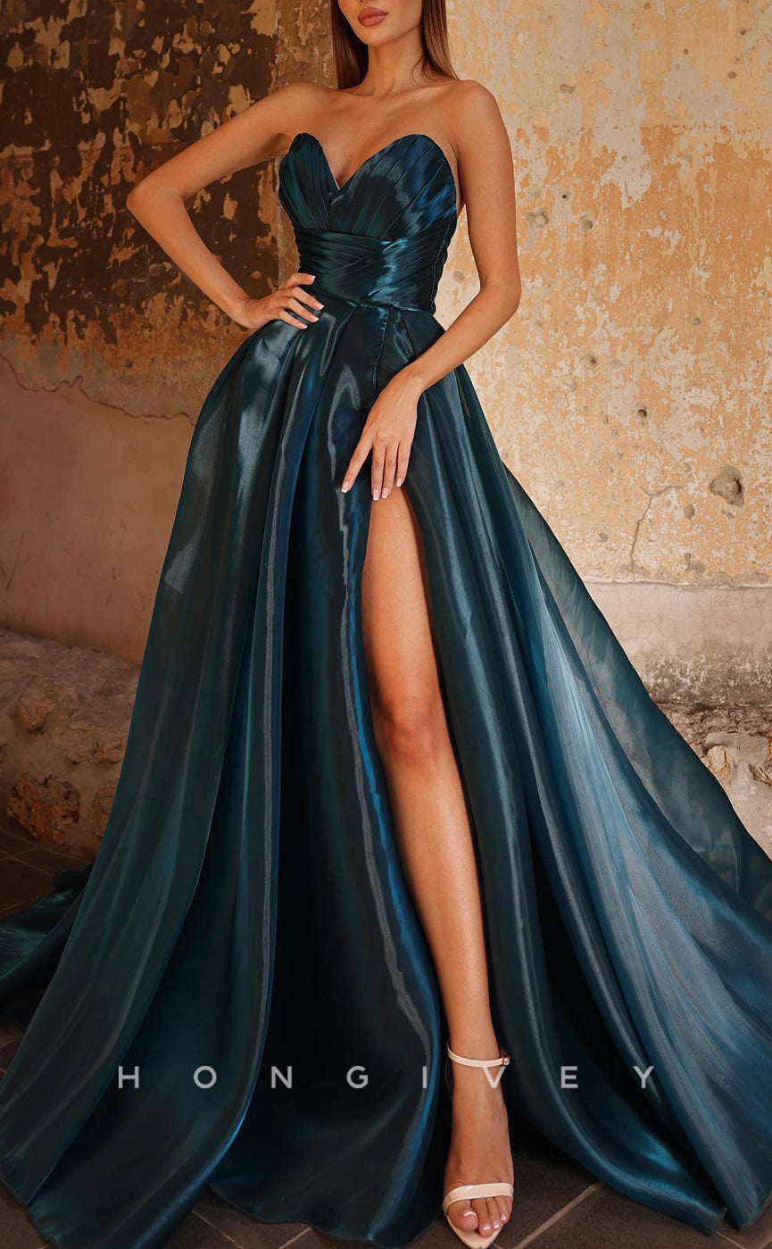 L2550 - Sexy Satin A-Line Sweetheart Sleeveless Empire Ruched With Side Slit Train Party Prom Evening Dress