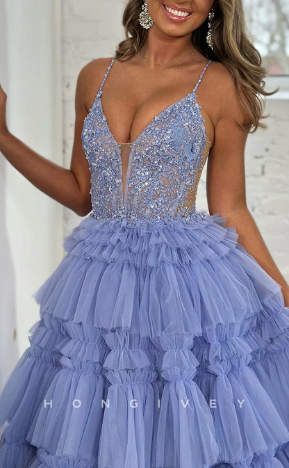 L2555 - Casual Tulle A-Line V-Neck Spaghetti Straps Illusion Empire Beaded Appliques Tiered Party Prom Evening Dress