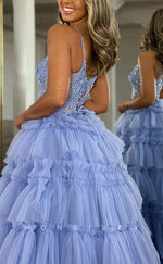 L2555 - Casual Tulle A-Line V-Neck Spaghetti Straps Illusion Empire Beaded Appliques Tiered Party Prom Evening Dress