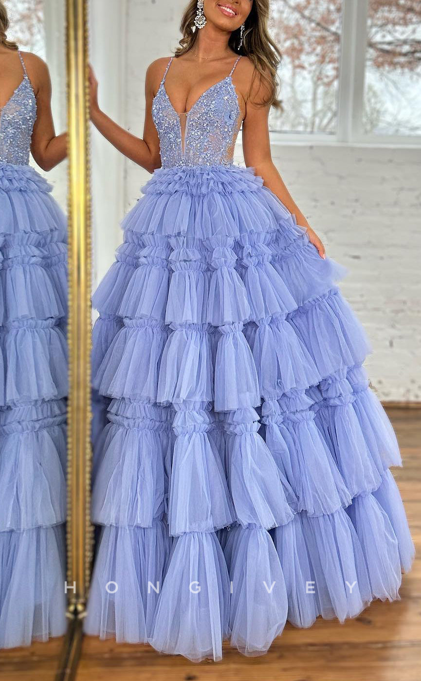 L2555 - Casual Tulle A-Line V-Neck Spaghetti Straps Illusion Empire Beaded Appliques Tiered Party Prom Evening Dress