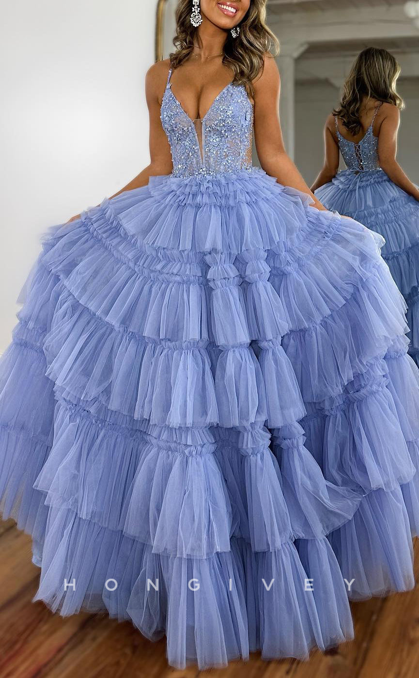 L2555 - Casual Tulle A-Line V-Neck Spaghetti Straps Illusion Empire Beaded Appliques Tiered Party Prom Evening Dress