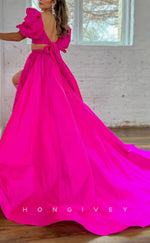 L2556 - Sexy Satin A-Line Square Puff Sleeves Empire With Side Slit Train Party Prom Evening Dress