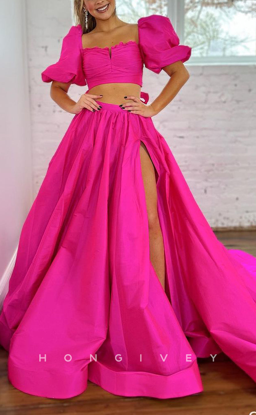L2556 - Sexy Satin A-Line Square Puff Sleeves Empire With Side Slit Train Party Prom Evening Dress