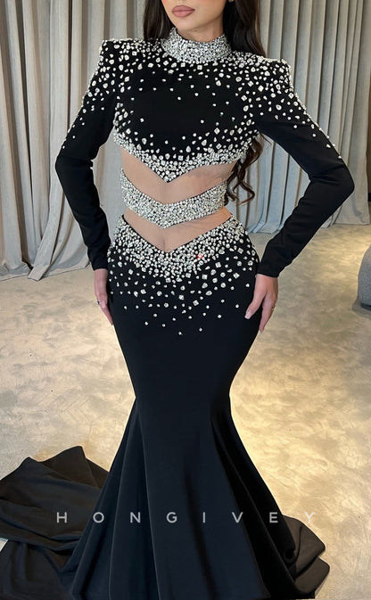 L2558 - Couture Satin Trumpet High Neck Long Sleeve Illusion Empire Beaded With Train Party Prom Evening Dress
