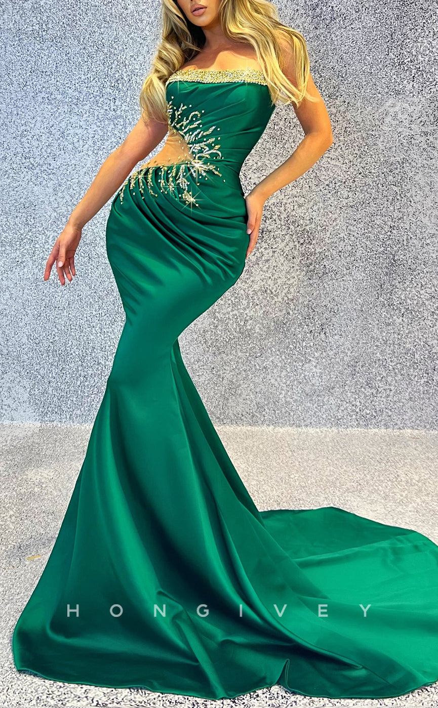 L2559 - Chic Satin Trumpet Asymmetrical Strapless Illusion Empire Beaded Ruched With Train Party Prom Evening Dress