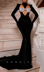 L2566 - Sexy Satin Trumpet High Neck Long Sleeve Illusion Empire Beaded With Train Party Prom Evening Dress