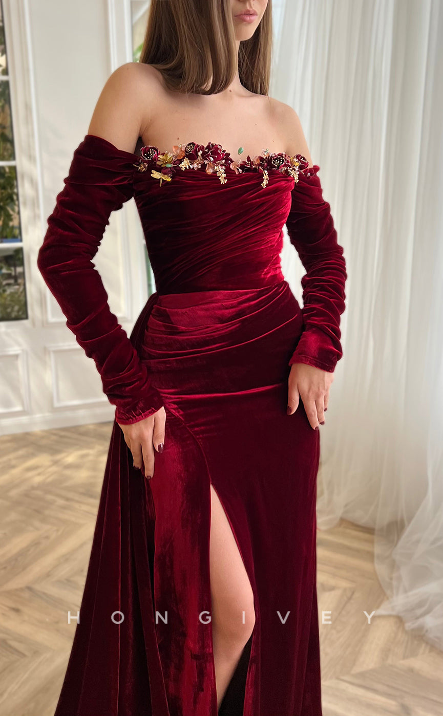 L2568 - Off-Shoulder Long Sleeve Satin Trumpet Empire Ruched Floral Embellished With Side Slit Party Prom Evening Dress