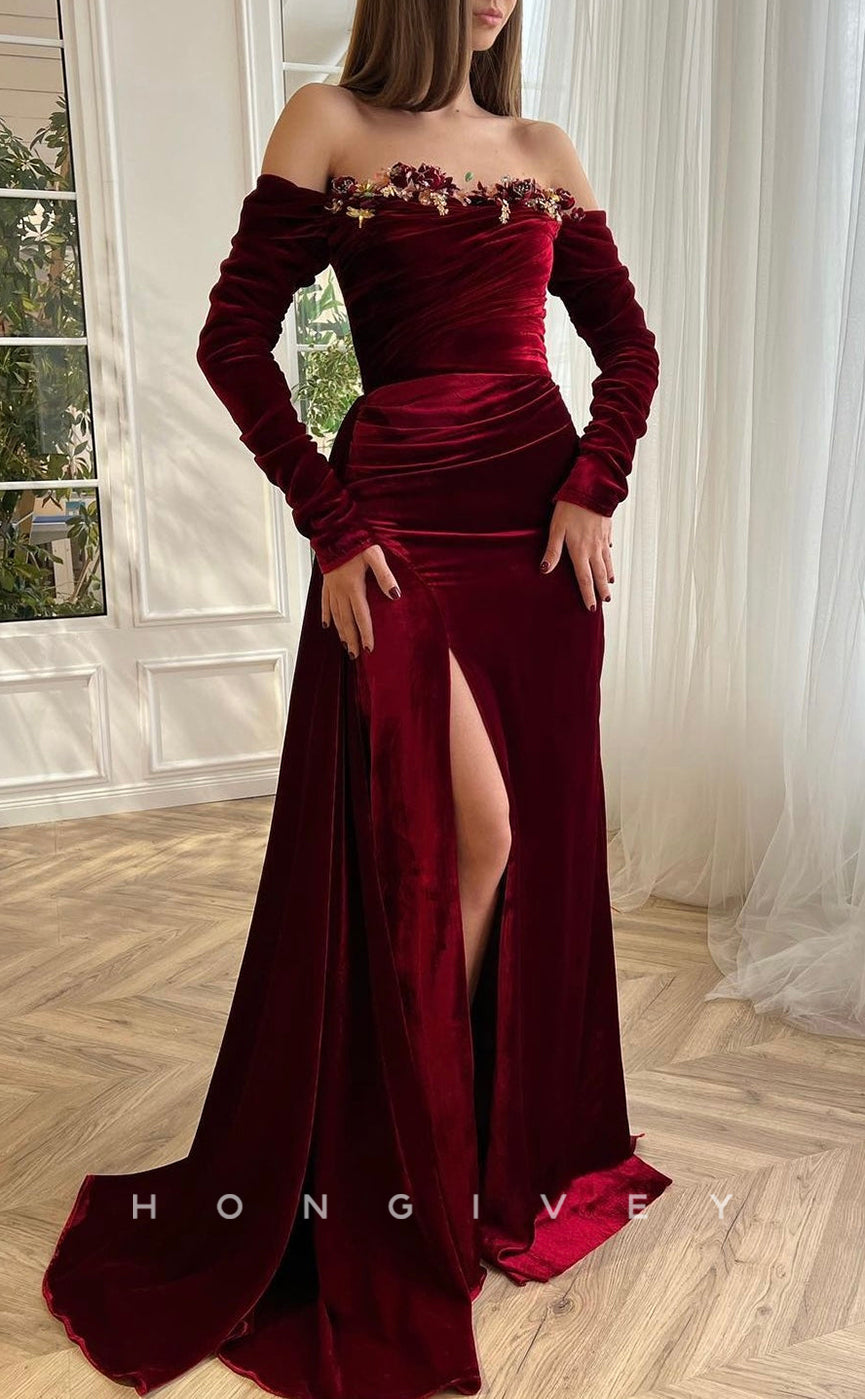 L2568 - Off-Shoulder Long Sleeve Satin Trumpet Empire Ruched Floral Embellished With Side Slit Party Prom Evening Dress