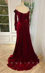 L2568 - Off-Shoulder Long Sleeve Satin Trumpet Empire Ruched Floral Embellished With Side Slit Party Prom Evening Dress