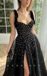 L2570 - Glitter Sweetheart Spaghetti Straps Empire Beaded Tulle With Train Party Prom Evening Dress