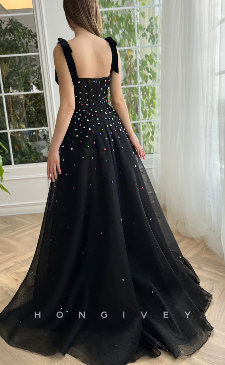 L2570 - Glitter Sweetheart Spaghetti Straps Empire Beaded Tulle With Train Party Prom Evening Dress