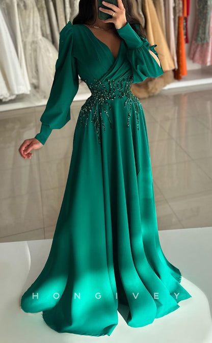 L2573 - Chic Satin A-Line V-Neck Long Sleeve Empire Beaded Appliques Ruched Party Prom Evening Dress